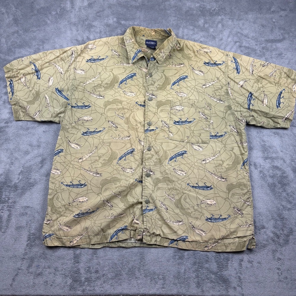 Puritan Mens 2XL Fishing Lure Bass Print Cotton Short Sleeve Button Down Shirt